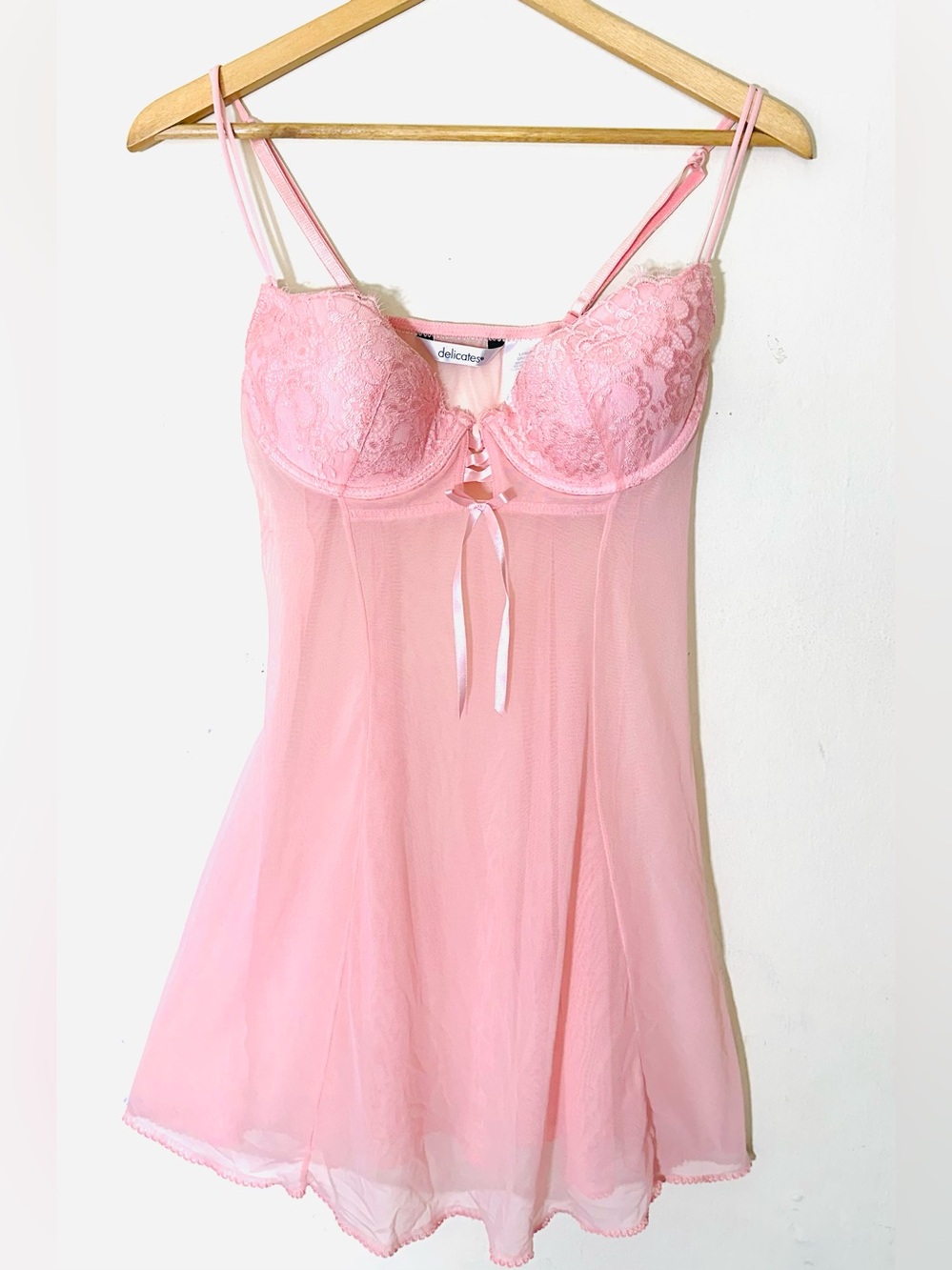 Delicates Vintage Light Pink Babydoll Y2K Lace & Mesh Sz Large